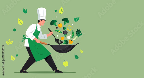 Chef skillfully tossing fresh vegetables in a wok, culinary illustration, perfect for design