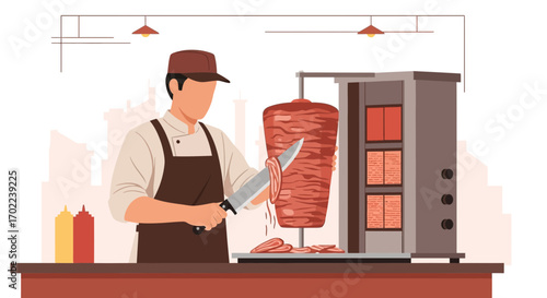 Chef slicing meat from a shawarma skewer at a restaurant or food stall