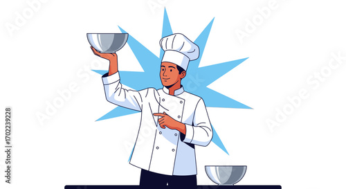 Cartoon Illustration of a Chef Holding a Bowl Preparing Food Dishes in the Kitchen