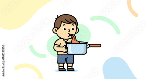 Cartoon illustration of a child sipping from a pot with colorful background elements
