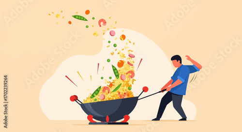 Cartoon illustration of a chef cooking delicious asian style fried rice dish