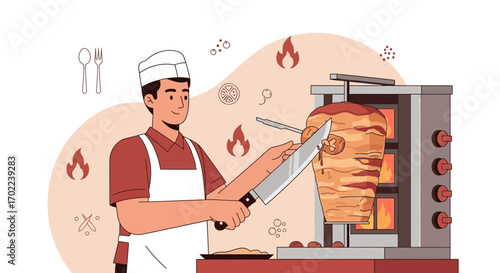 Chef Slicing Meat Shawarma In Kitchen, Illustration, With Restaurant Equipment
