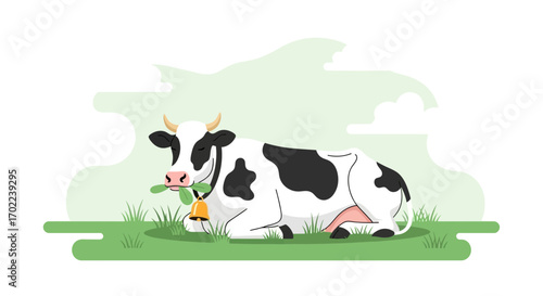Cartoon illustration of a cow relaxing on green grass with bell and eating some leaves