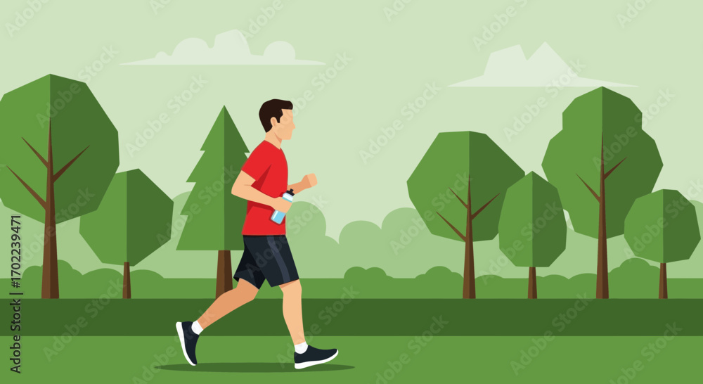 Fototapeta premium Cartoon illustration of a man running outside in a park to exercise and stay healthy