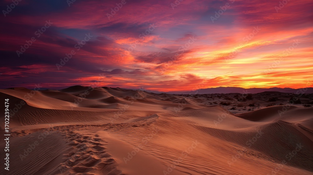 Naklejka premium Serene Sunset Over Majestic Sand Dunes in Vibrant Desert Landscape