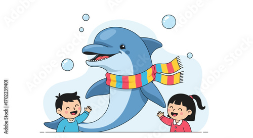 Cartoon illustration of a dolphin wearing a scarf interacting with two happy children