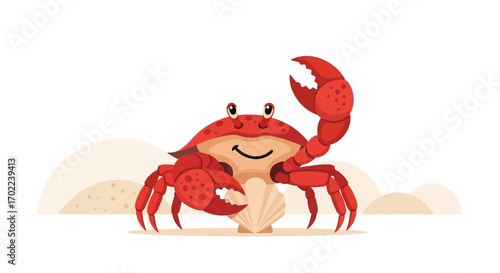 Cartoon illustration of a friendly crab on a beach with a seashell in style