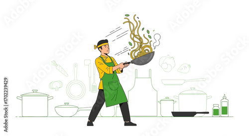 Chef tossing noodles in a wok in a modern and minimal illustration for cooking themes