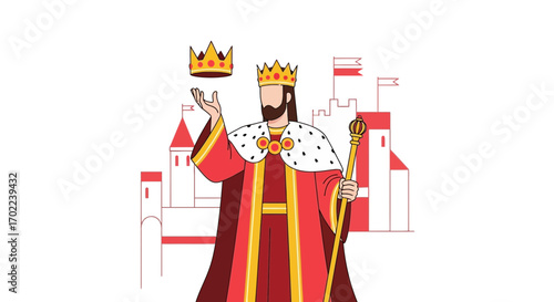Cartoon Illustration of a King holding a crown and scepter with a castle in the background