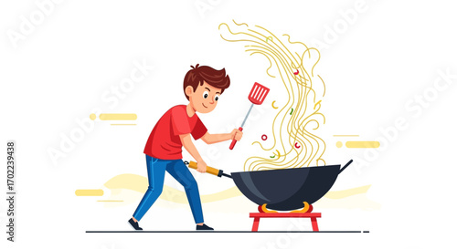 Cartoon illustration of a man cooking noodles with a wok over an open flame