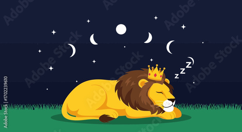 Cartoon illustration of a sleeping king lion under a starry night sky.