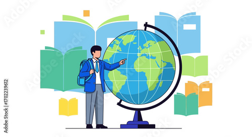 Cartoon illustration of a student learning about the world and geography with the globe