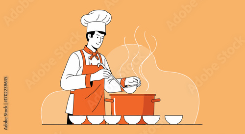 Chef Working in Kitchen Preparing A Meal, Serving Food, Or Cooking, Flat Illustration Style