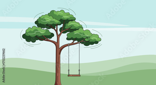 Cartoon illustration of a tree with a swing under the summer sky with the green meadow