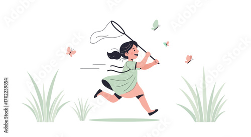 Child catching butterflies in the garden with a net in a simple cartoon illustration