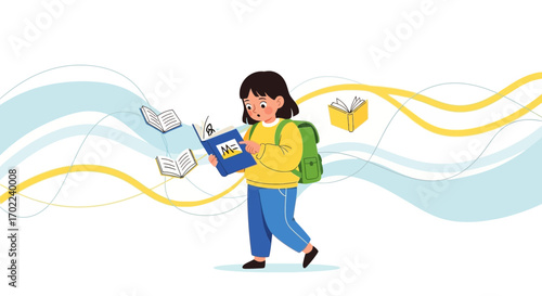 Cartoon illustration of a young student reading a book and doing school activities