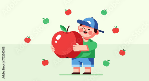 Child Embraces A Huge Red Apple Depicting The Joy Of Harvesting Fruit In Autumn