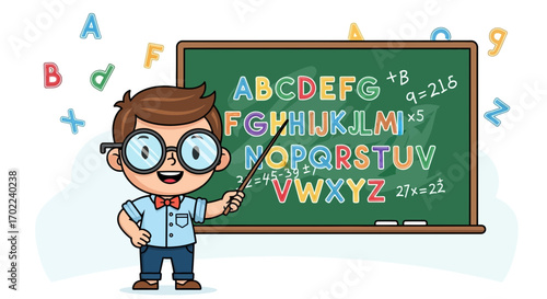 Cartoon of a smart student pointing at a chalkboard with alphabetical letters and math equations