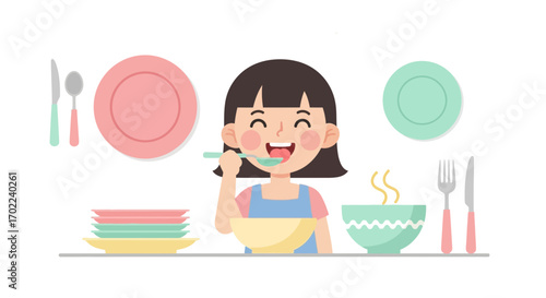 Child Enjoying Mealtime, Eating Soup From Bowl with Plates, Cutlery and Happy Expression