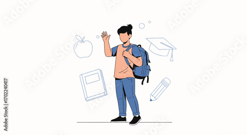 Cartoon Student with Backpack, Greeting, Education Symbols and School Elements