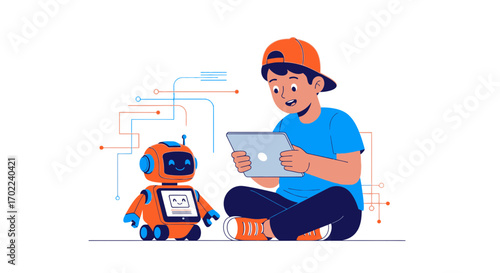Child Interacting With A Robot Using A Tablet, Concept Of Future Interaction And Learning