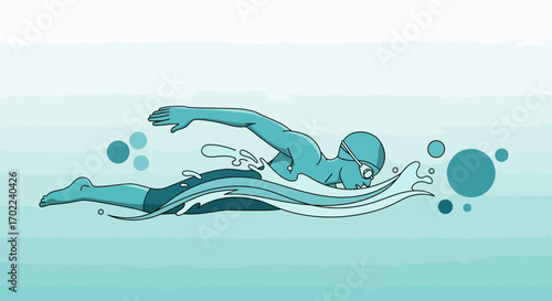 Cartoon swimmer in freestyle stroke in the water, vector illustration of activity