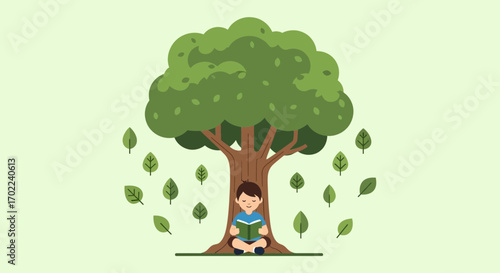 Child Reading Book Underneath Tree Amidst Falling Leaves Peaceful Nature Scene