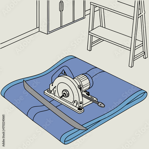 Cutting Fabric with a Circular Saw:  A Detailed Line Art Illustration