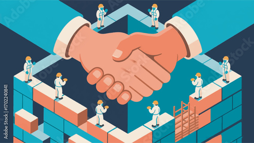 illustration of a giant hand shaking hands surrounded by several small workers vector design template