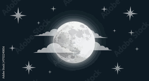 Celestial Nightscape Featuring A Glowing Moon, Stars, And Billowing Clouds In The Dark Sky