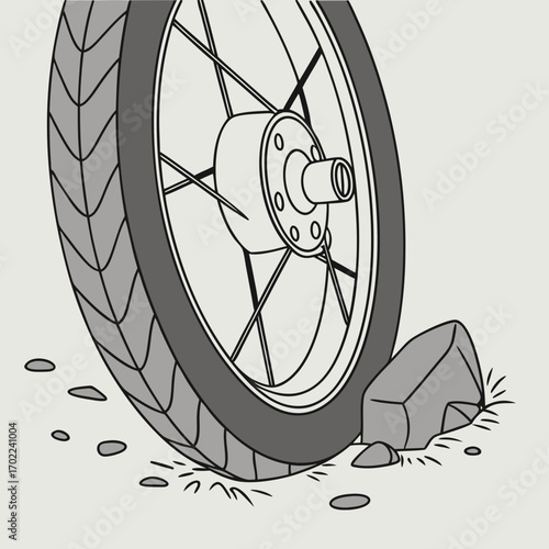 Grayscale Illustration of a Wheel Rolling Over Rocks