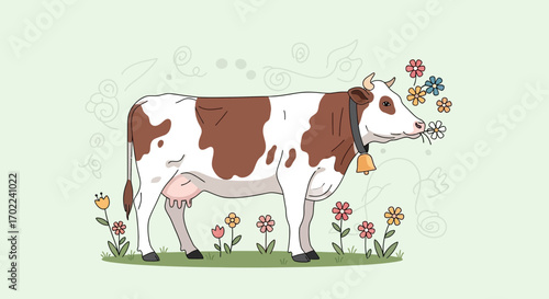 Charming Dairy Cow Adorned With Floral Adornments In A Pastoral Scene