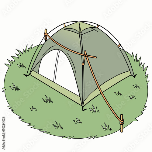 Green Camping Tent Pitched in Lush Grass Illustration