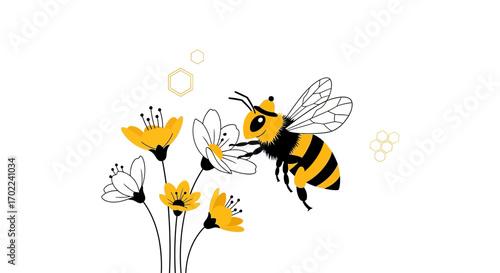 Charming Illustrated Bee Sipping Nectar From Beautiful Yellow And White Blooming Flowers