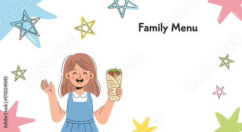 Charming Girl Presenting Family Menu And Wrap, Adorned With Whimsical Star Motifs