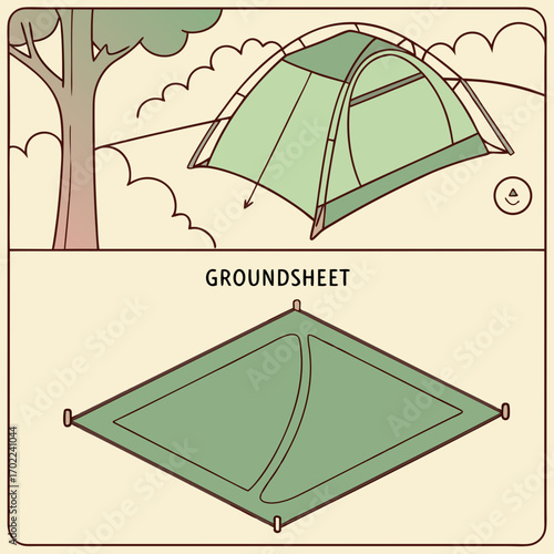 Green Camping Tent and Groundsheet Setup Illustration