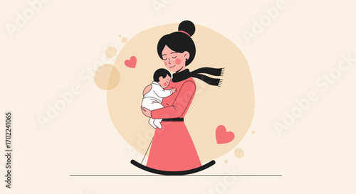 Charming Illustration of a Mother Holding Her Baby with Love and Heart Symbols
