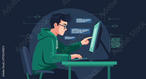 Code Engineer Working Intently on Computer, Pointing With Focused Concentration