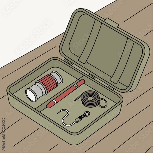 Green Case with Flashlight, Hook, and Cord: Illustrated Equipment Kit