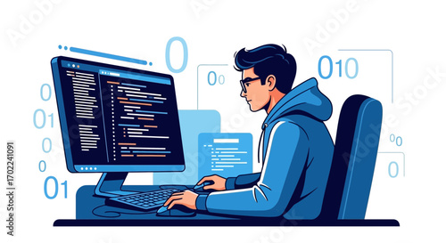Coding Whiz Working On Software Development Project With Binary Code And Modern Technology