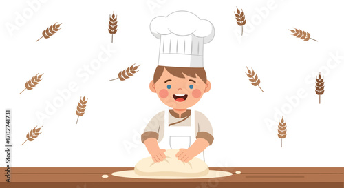 Cheerful Baker Kneading Dough with Wheat Sprigs in a Whimsical Cartoon Illustration