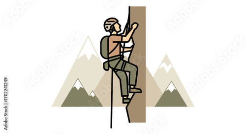 Colorful cartoon rock climber scaling a cliff with mountains in the background