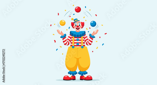 Colorful Clown Juggling Balls and Performing Amidst Confetti and Cheerful Atmosphere