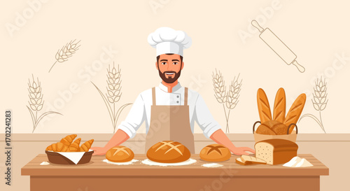 Cheerful Baker Presenting Freshly Baked Bread And Pastries On Wooden Table Displayed
