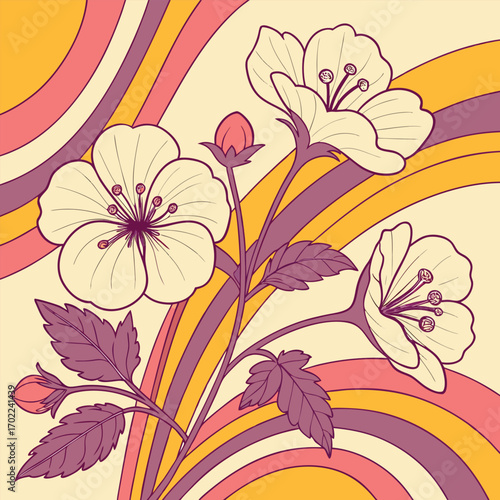 Retro 1960s psychedelic floral pattern with swirling organic shapes and vibrant colors perfect for vintage design projects and bold backgrounds