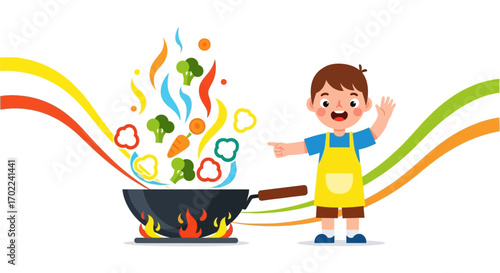 Cheerful Boy Cooking Vegetables in Wok, Colorful Food, Illustration for Healthy Eating