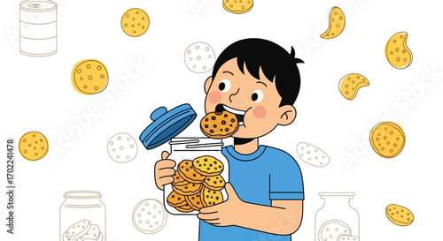 Cheerful Boy Devouring Cookies from a Jar, Delightful Snack Time Illustration