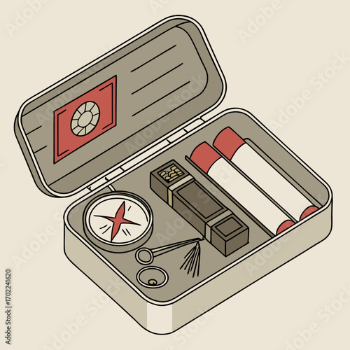 Isometric Illustration of a Metal Box Containing a Compass, Scrolls, and Other Tools