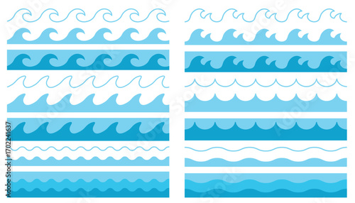 Cartoon flat style set of seamless borders with sea waves and water in thin line and flat styles.
