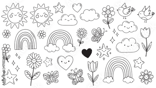 Cheerful Collection of Hand-Drawn Sky and Nature Elements for Children's Illustration, Educational Resources, and Playful Design Projects